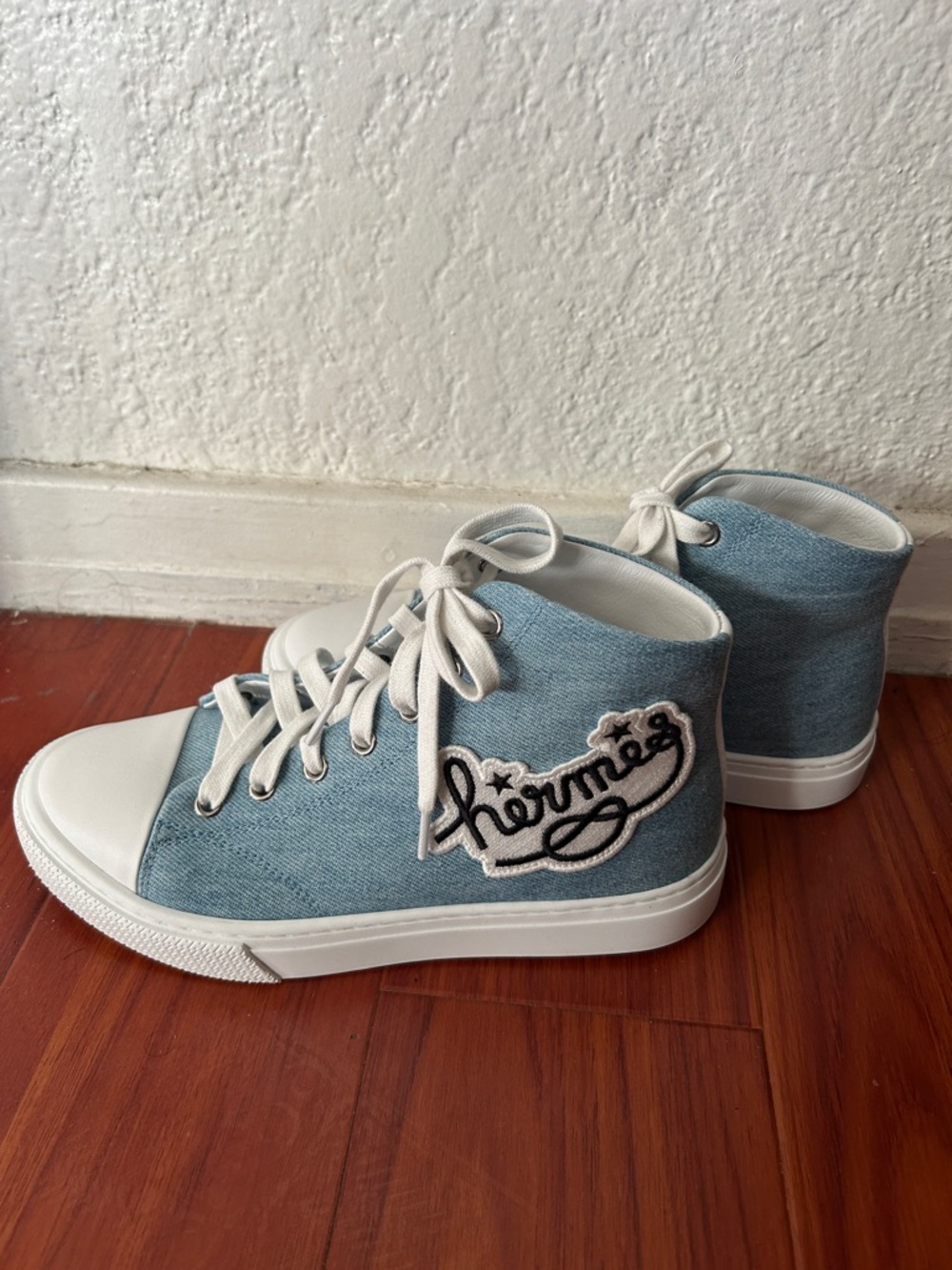Hermes Denim Blue and White High-Top Sneakers